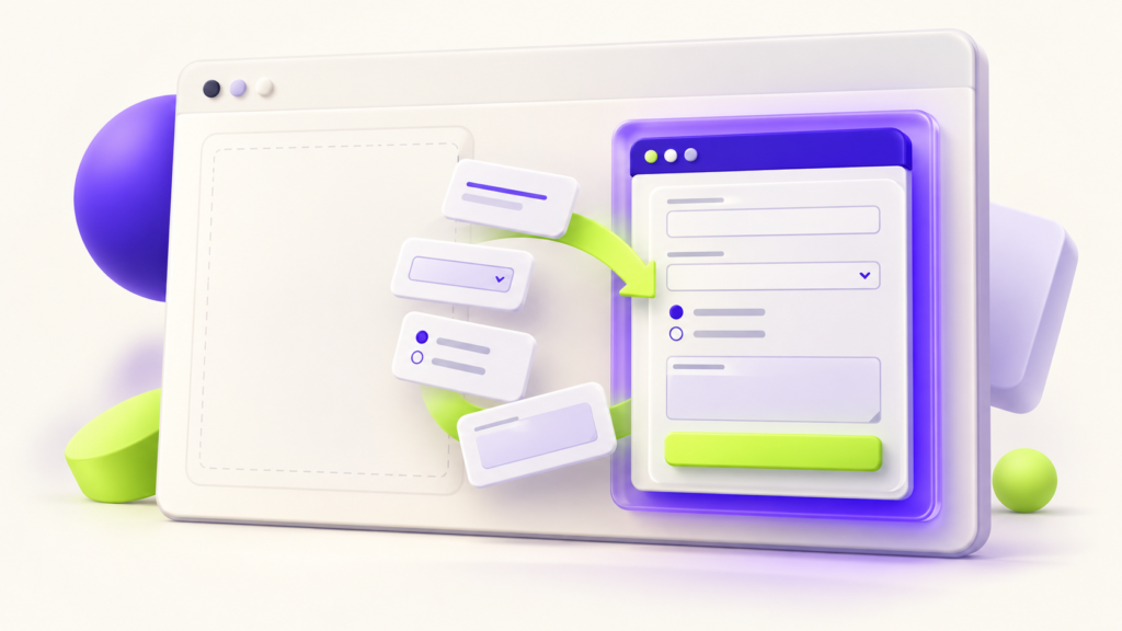 Form fields moving from a blank browser page into an embedded contact form.
