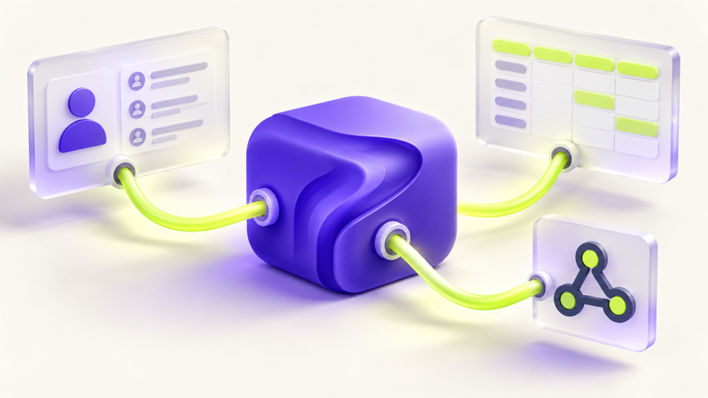 Form workflow hub connected to contact records, a spreadsheet and a webhook tile.