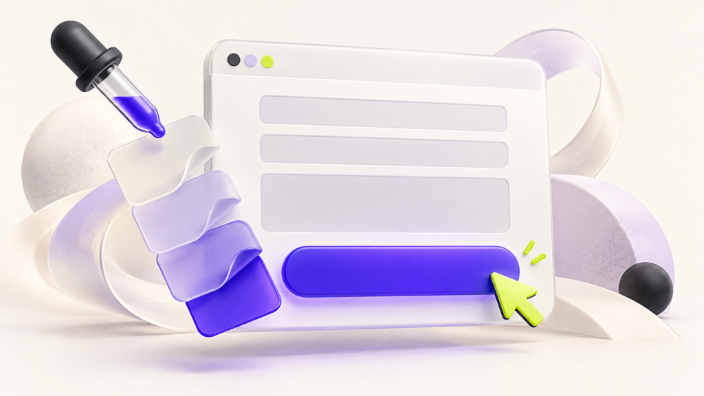 Violet submit button, colour swatches and eyedropper illustrating form styling control.